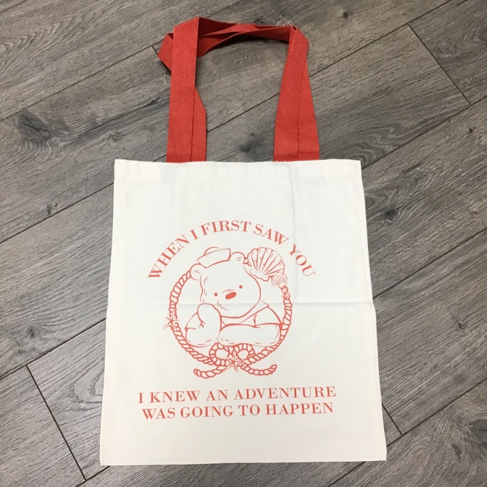 Disney Cream Tote Bag with Coral Graphic and Red Handles